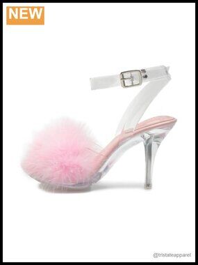 Fuzzy Feather Clear Stiletto Ankle Strap Slip On Mules High Heel Sandals
